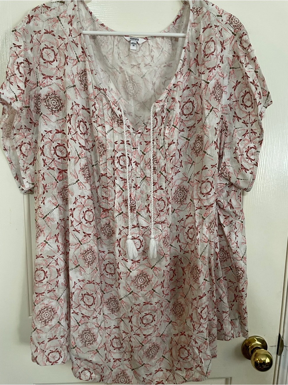Sonoma Ivory Tunic Top with Red Boho Print and Tassels